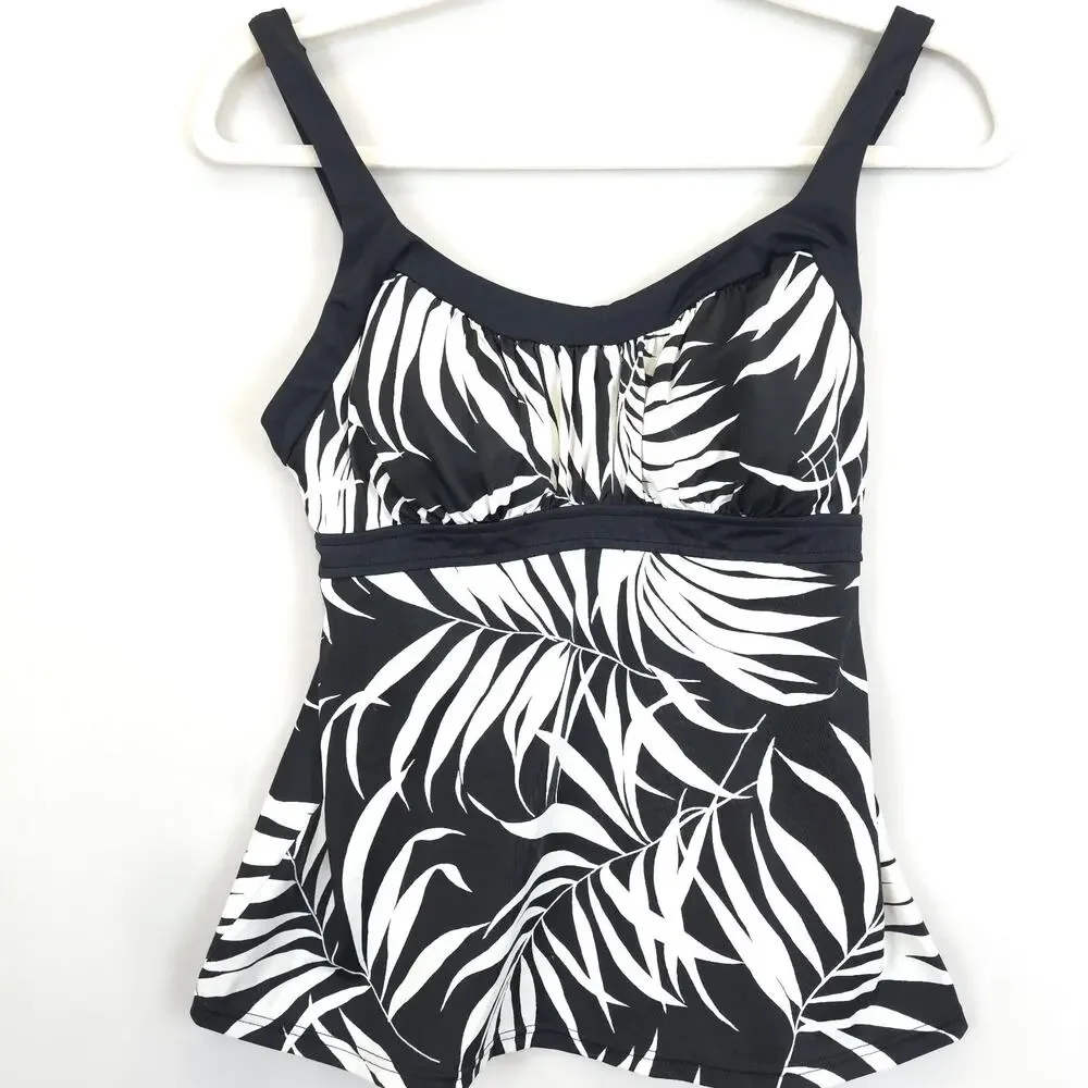 Jamaica Bay Tankini‎ Top Women 12 Black White Palm Leaf Print Padded Babydall